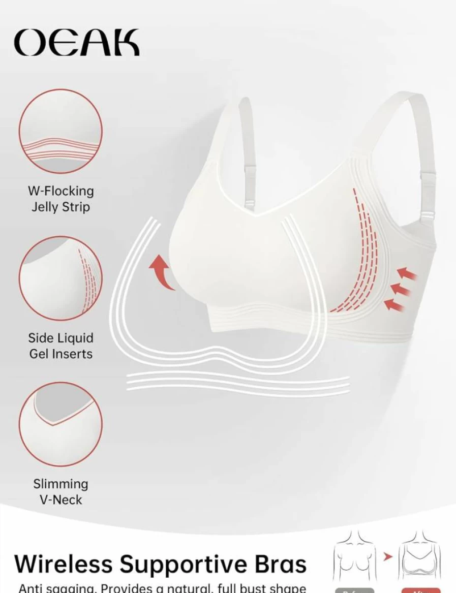 OEAK Women's Wireless Push Up Bra - Seamless Full Coverage Comfort Bralette, V Neck Everyday T-Shirt Bra, No Underwire Support