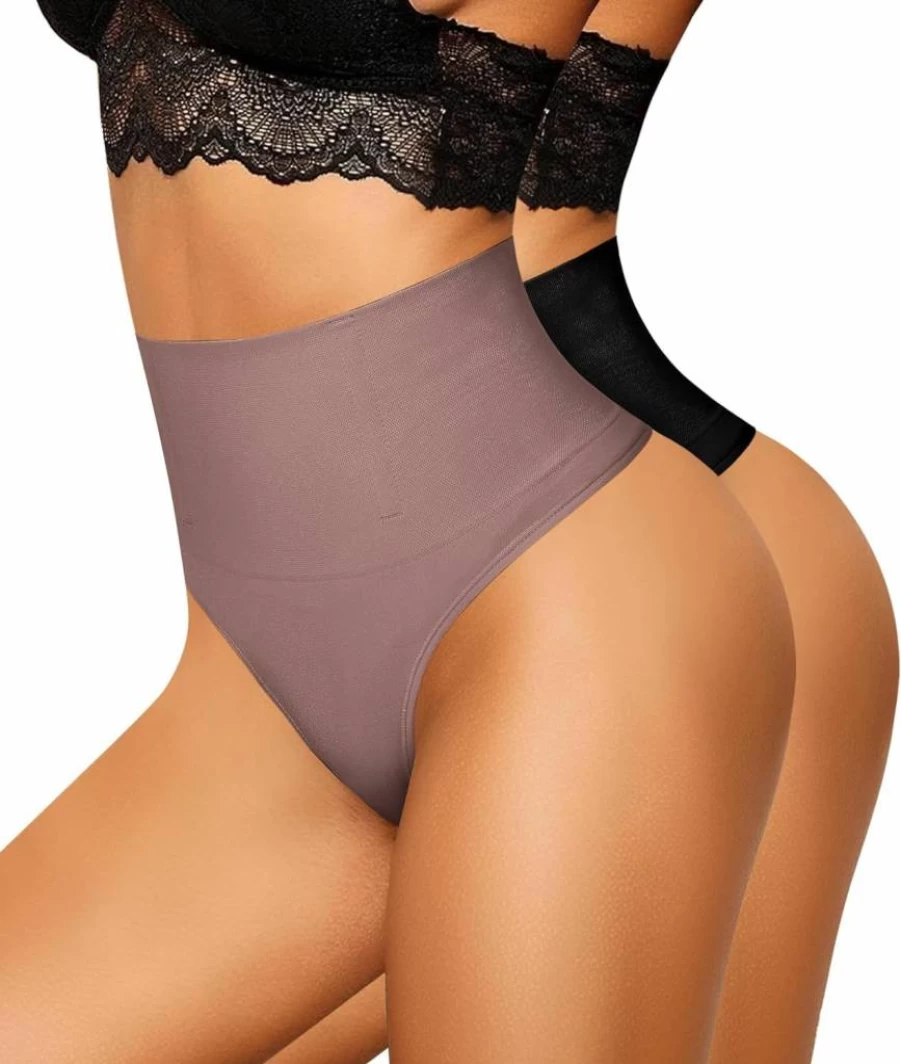 Nebility Women's Tummy Control Thong Shapewear - Seamless Butt Lifting Girdle Panties - 2 Pack Body Shaper Underwear