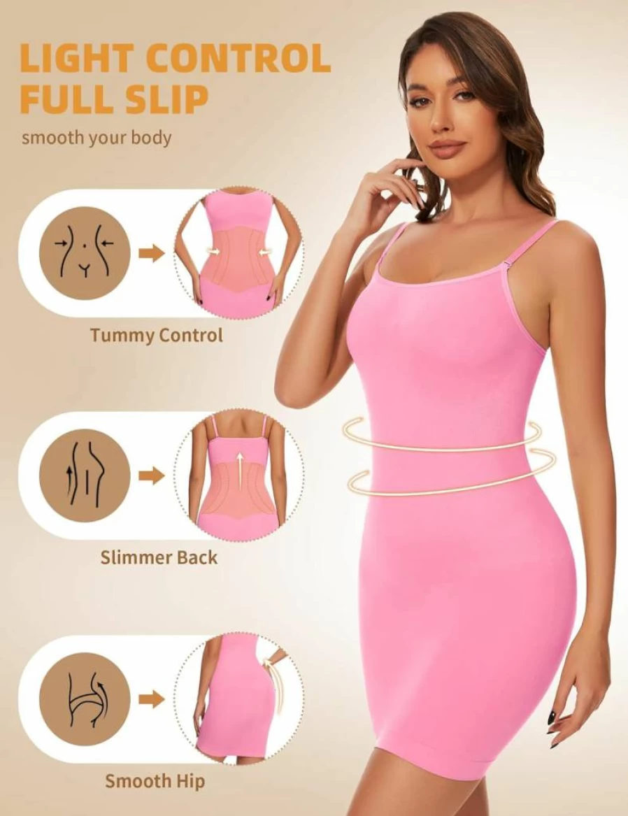SLIMBELLE Women's Seamless Tummy Control Shapewear Dress - Adjustable Spaghetti Strap Full Slip for Under Dresses