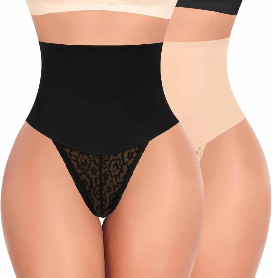 Werena Women's High Waisted Lace Thong Shapewear - Tummy Control Body Shaper Girdle Panties