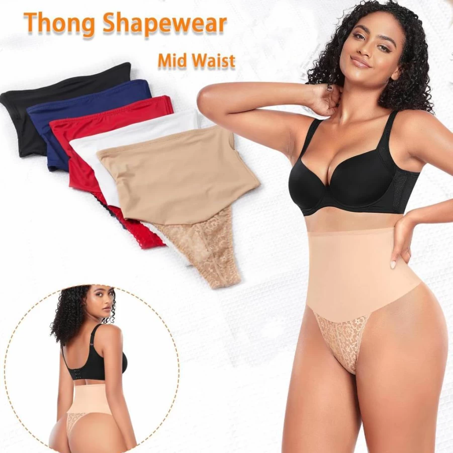 Werena Women's High Waisted Lace Thong Shapewear - Tummy Control Body Shaper Girdle Panties