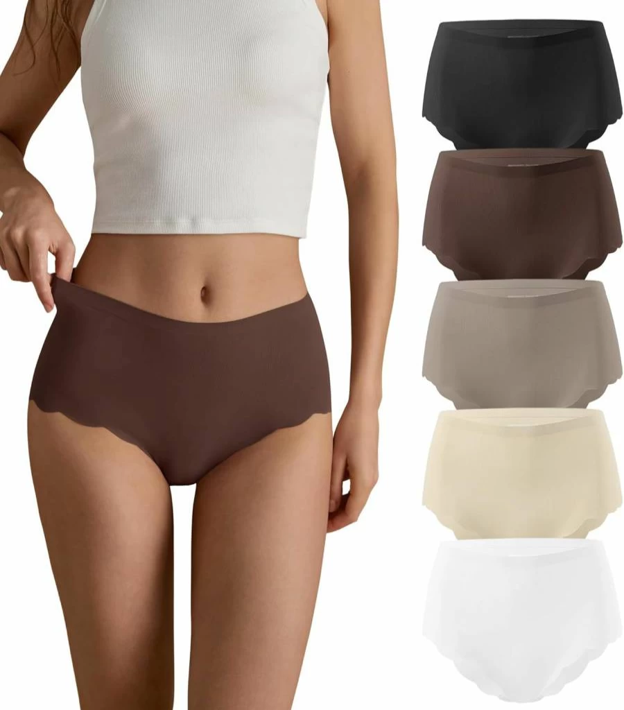 SHARICCA Women's Seamless High Waist Cheeky Panties - No Show Bikini Underwear with Wave Edge & Ribbed Detail (Multi-Pack)