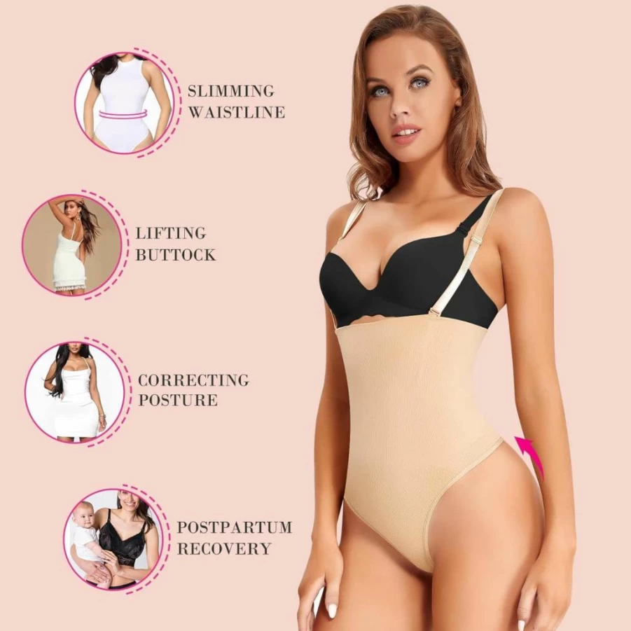 Nebility Seamless Waist Trainer Bodysuit for Women - Tummy Control Shapewear Thong with Open Bust Design