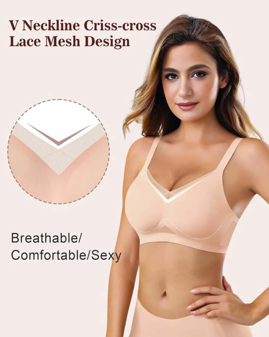 As Fairy Women's Wireless Comfort Bra - Seamless Soft Support Lace Bralette, Breathable V-Neck Mesh for Everyday Wear