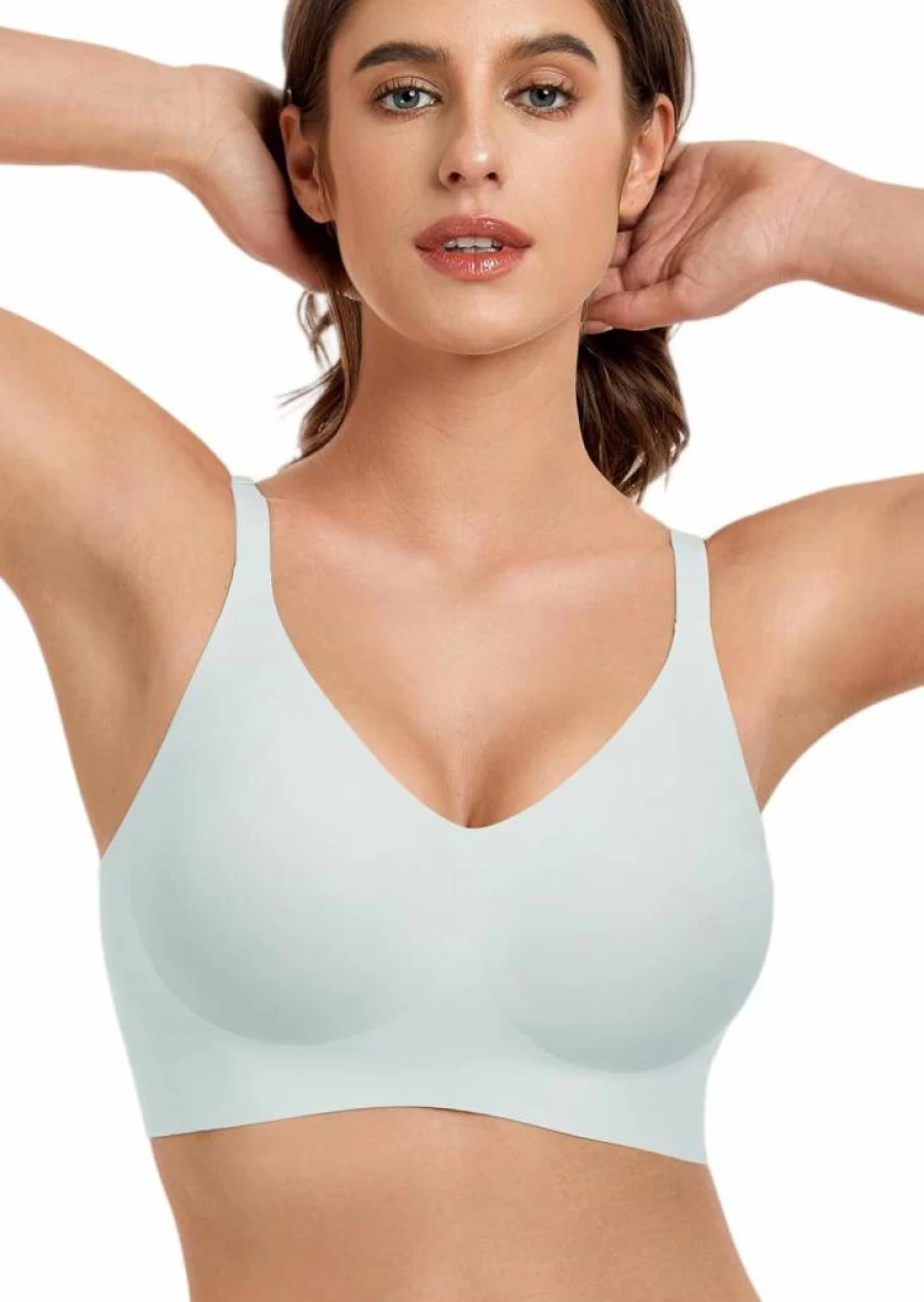 Quttlzze Wireless Seamless Bra for Women - No Underwire Full Coverage V Neck Push Up Bralette, Ultra Comfortable Tshirt Bra