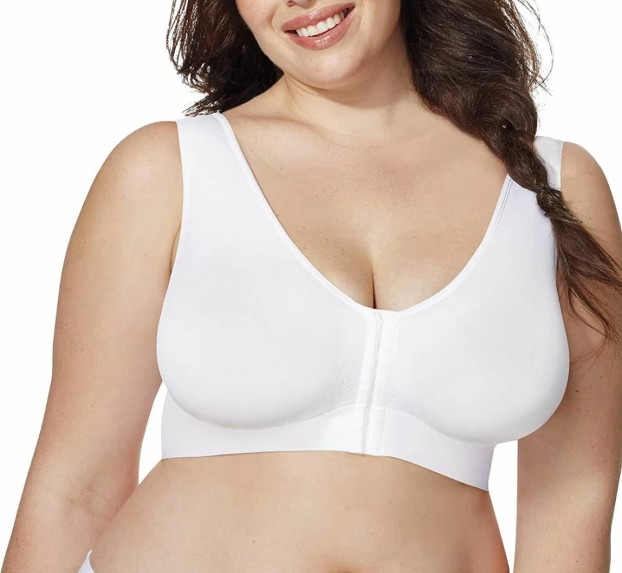 JUST MY SIZE Women's Front-Close Wireless Bra - Seamless Pure Comfort T-Shirt Bra MJ1274 for Cooling Support