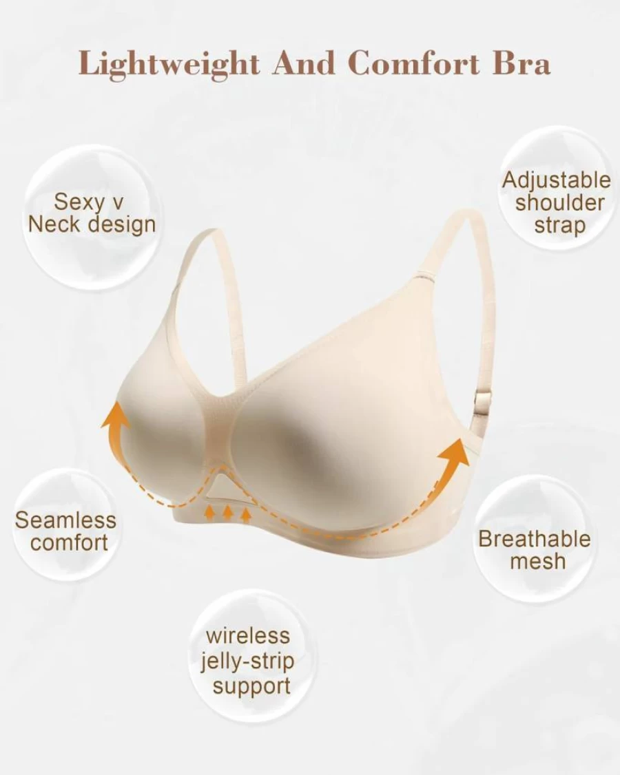 As Fairy Wireless Comfort Bra for Women - Breathable Mesh, Seamless Full Coverage, V-Neck No Underwire Support