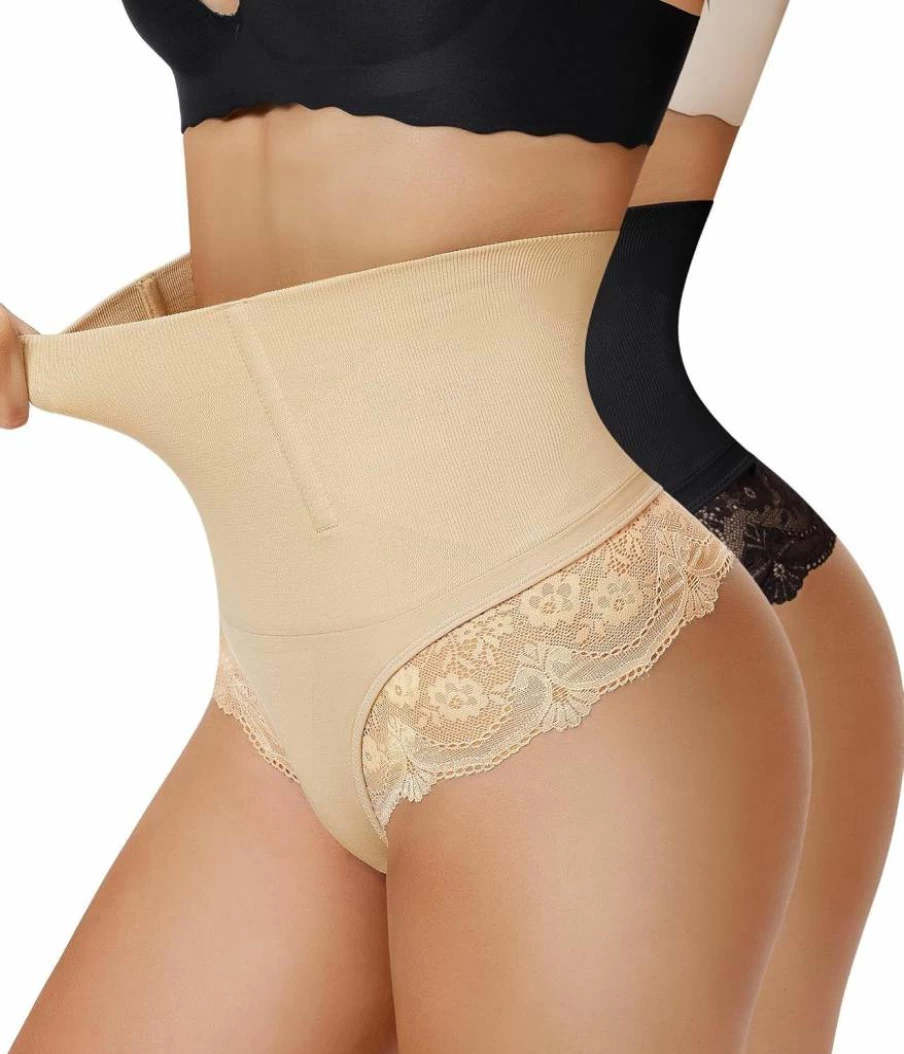 Nebility Women's Seamless Thong Shapewear - 2 Pack High Waisted Tummy Control Panties for Butt Lifting & Comfort