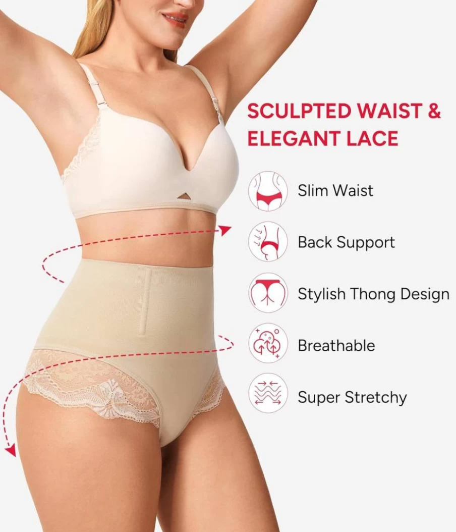 Nebility Women's Seamless Thong Shapewear - 2 Pack High Waisted Tummy Control Panties for Butt Lifting & Comfort