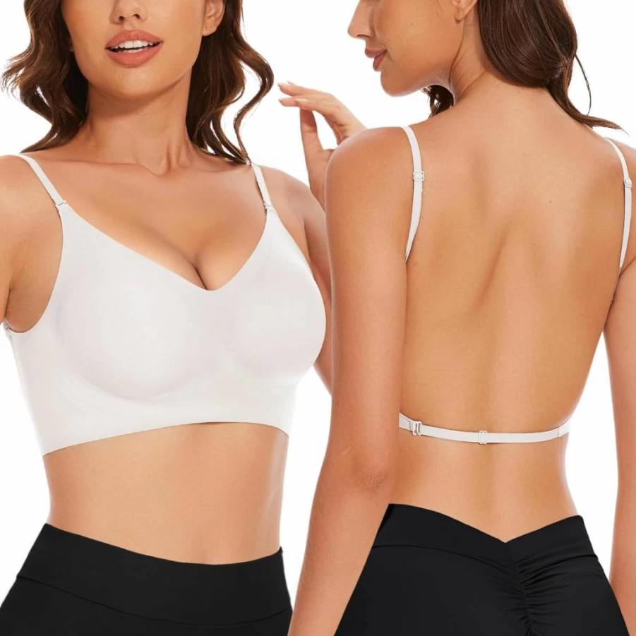 Anncude Seamless Low Back Bralette for Women - V Neck Multiway Halter Bra with Removable Pads, Thin Straps & Backless Design