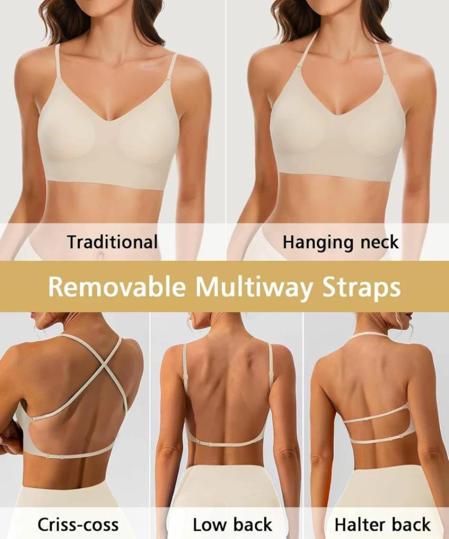 Boudaner Seamless Low Back Bralette - Wireless, Convertible, Backless, Padded Lifting Bra with Adjustable Spaghetti & Halter Straps