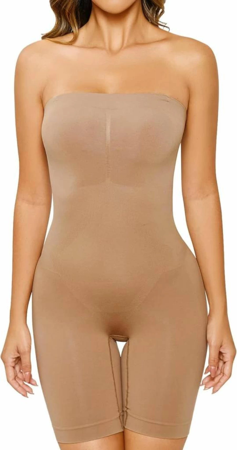 HOMETA Women's Tummy Control Bodysuit - Strapless Seamless Butt Lifting Shapewear Jumpsuit for Mid Thigh