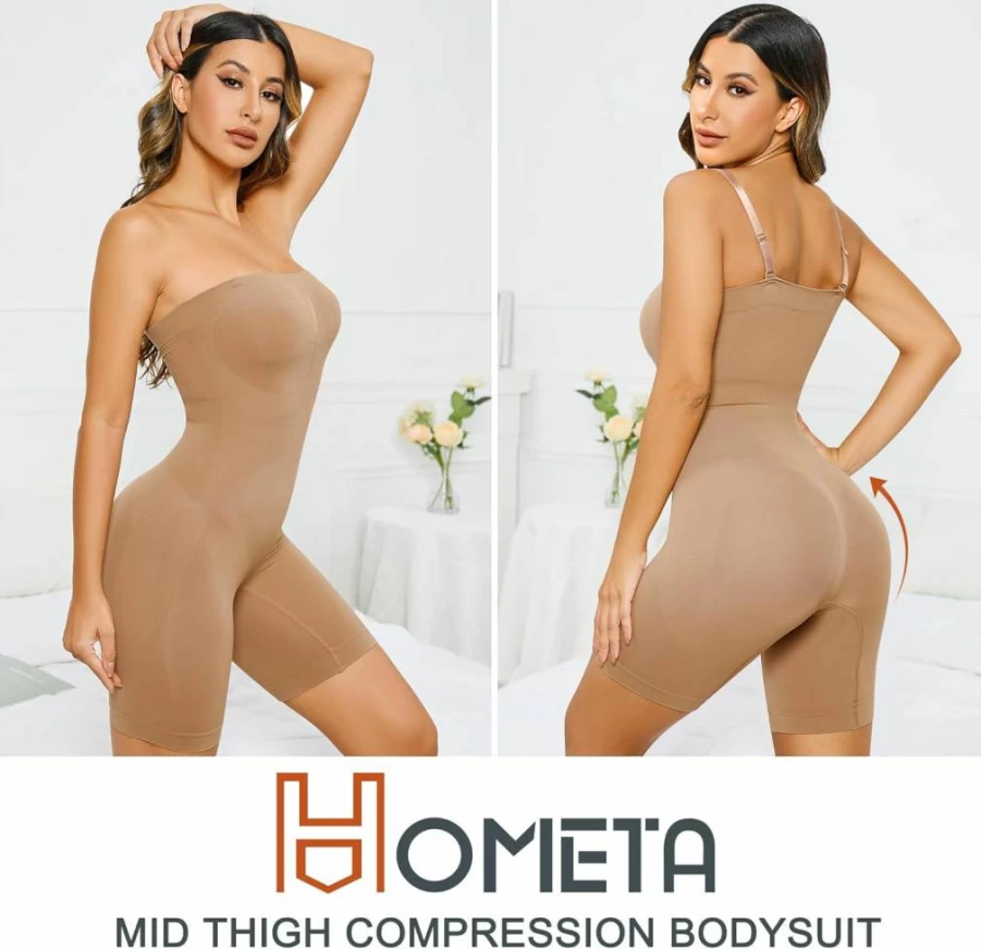 HOMETA Women's Tummy Control Bodysuit - Strapless Seamless Butt Lifting Shapewear Jumpsuit for Mid Thigh