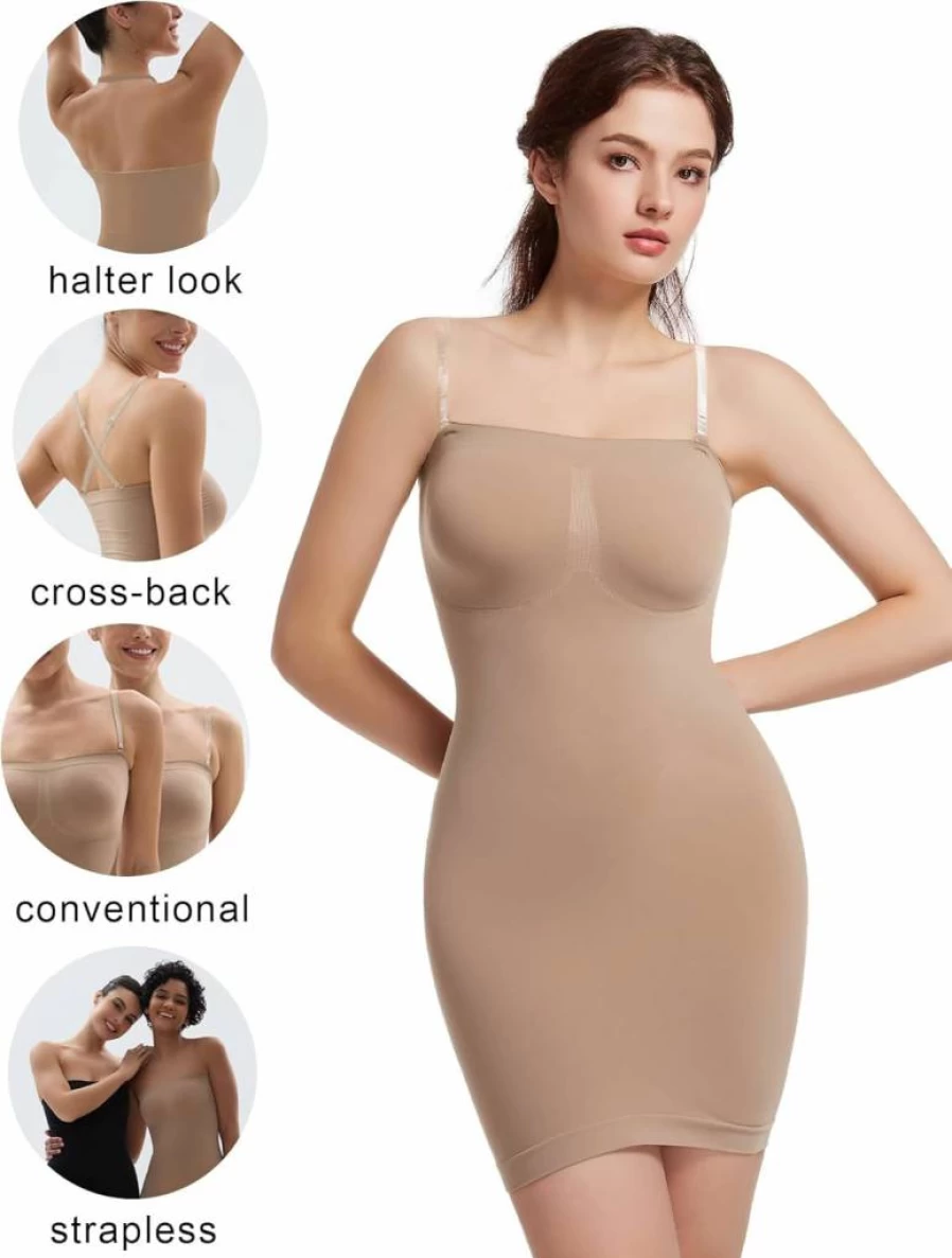 SHAPERX Women's Strapless Shapewear Dress - Tummy Control Seamless Full Body Shaper Slip with Removable Straps