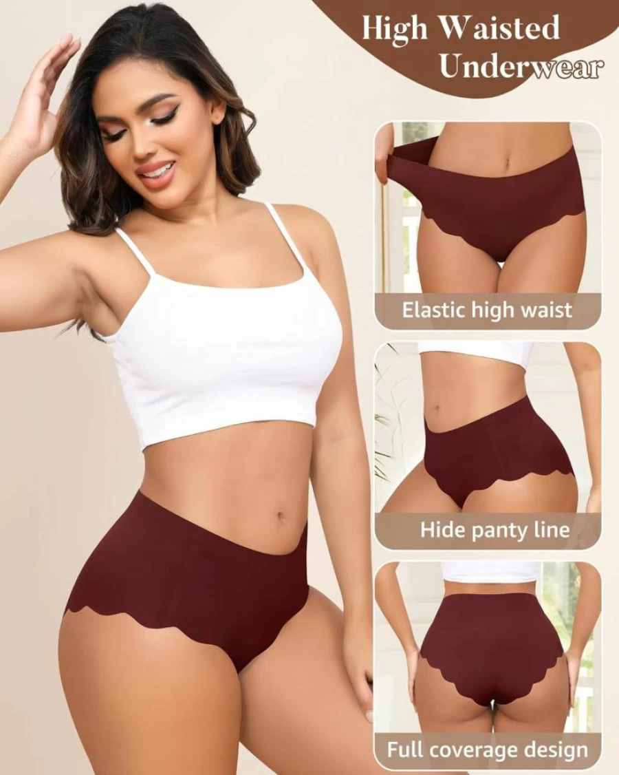 LEVAO Women's High Waisted Seamless Panties - No Show Bikini Underwear with Wave Edge, Full Coverage, 6-Pack