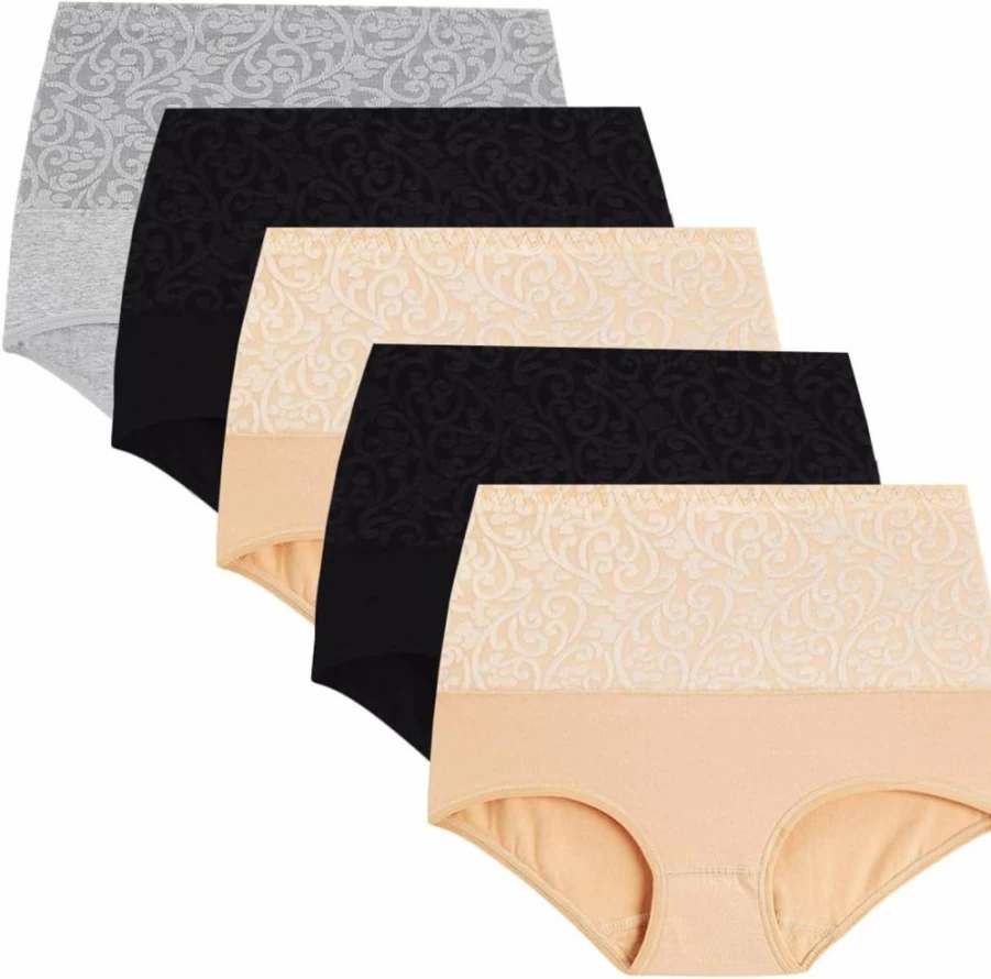YaShaer Women's High Waisted Cotton Underwear 5-Pack - Tummy Control Full Coverage Briefs with Jacquard Design