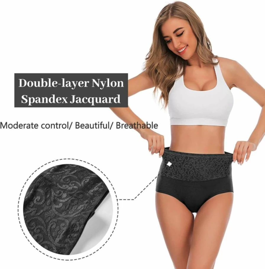 YaShaer Women's High Waisted Cotton Underwear 5-Pack - Tummy Control Full Coverage Briefs with Jacquard Design