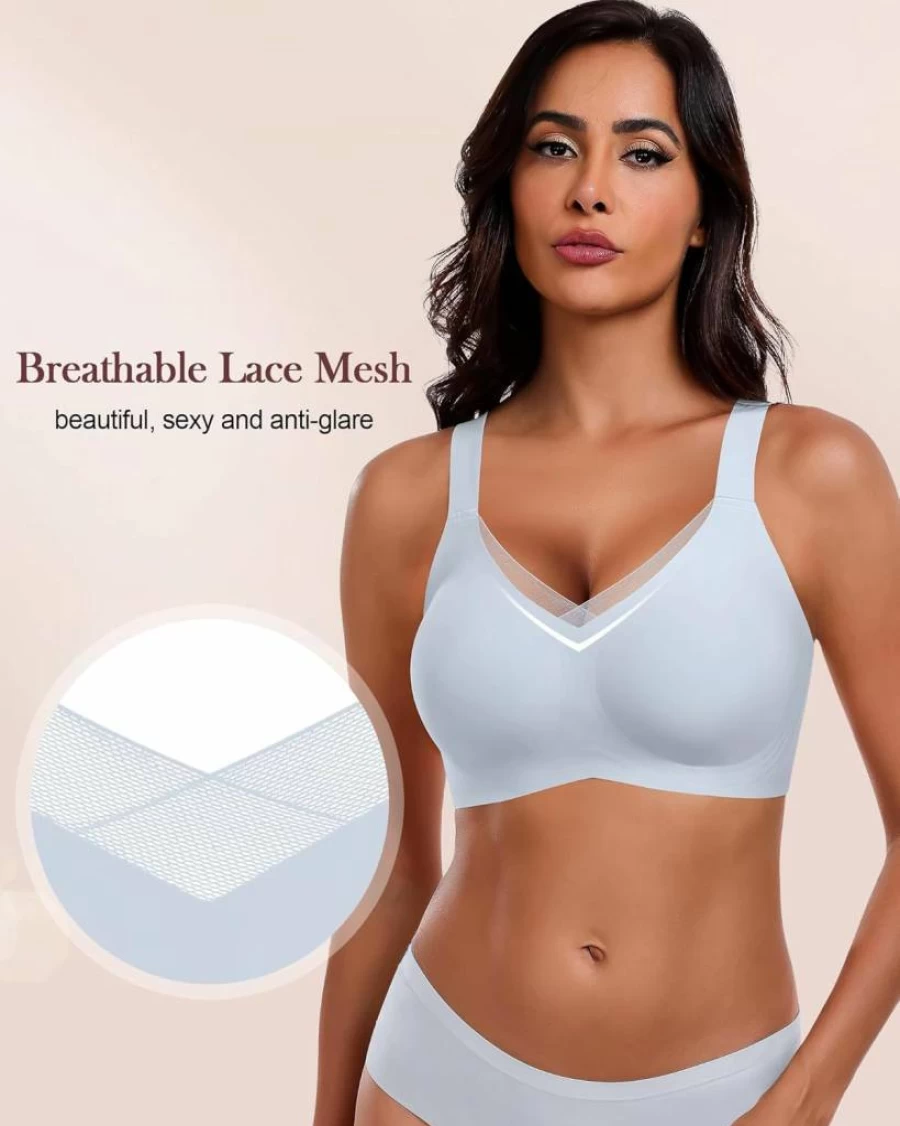 HORISUN Women's Seamless Wireless Bralette - Full Coverage Deep V Lace Bra with Support & Lift, No Underwire Comfort