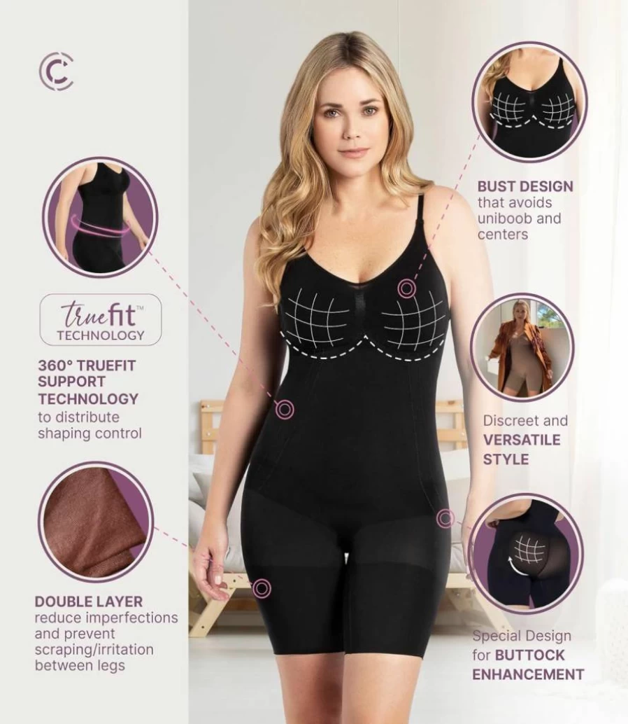 CURVEEZ Women's Tummy Control Shapewear Bodysuit - Seamless Full Body Shaper with Medium Compression, Mid-Thigh Slimming Design