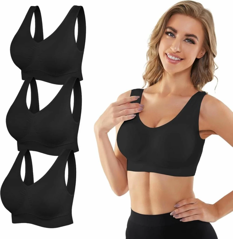 YADIFEN Women's Wireless Sports Bra 3-Pack - Seamless Comfort Yoga Bras with Removable Pads for Sleeping, Workout, Activewear