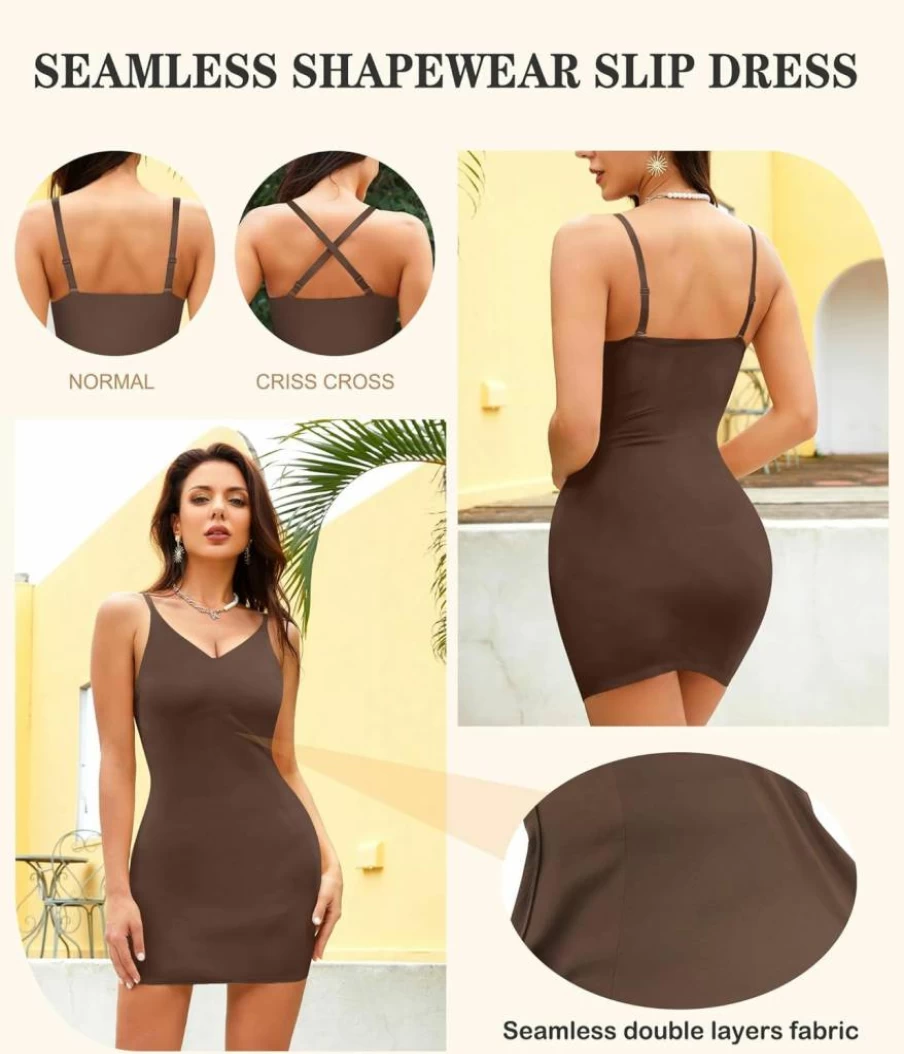 Irisnaya Women's Seamless Tummy Control Slip Dress - V Neck Cami with Spaghetti Straps, Body Shaper Lingerie for Under Dresses