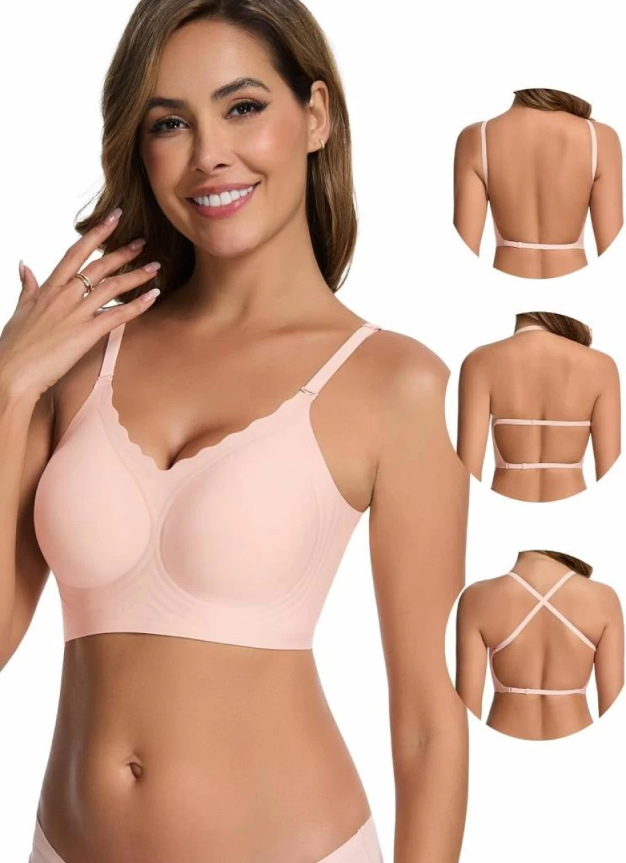 HBselect Women's Low Back Wireless Bra - Seamless Deep V Bralette with Convertible Straps, Backless & Halter Design for Comfort