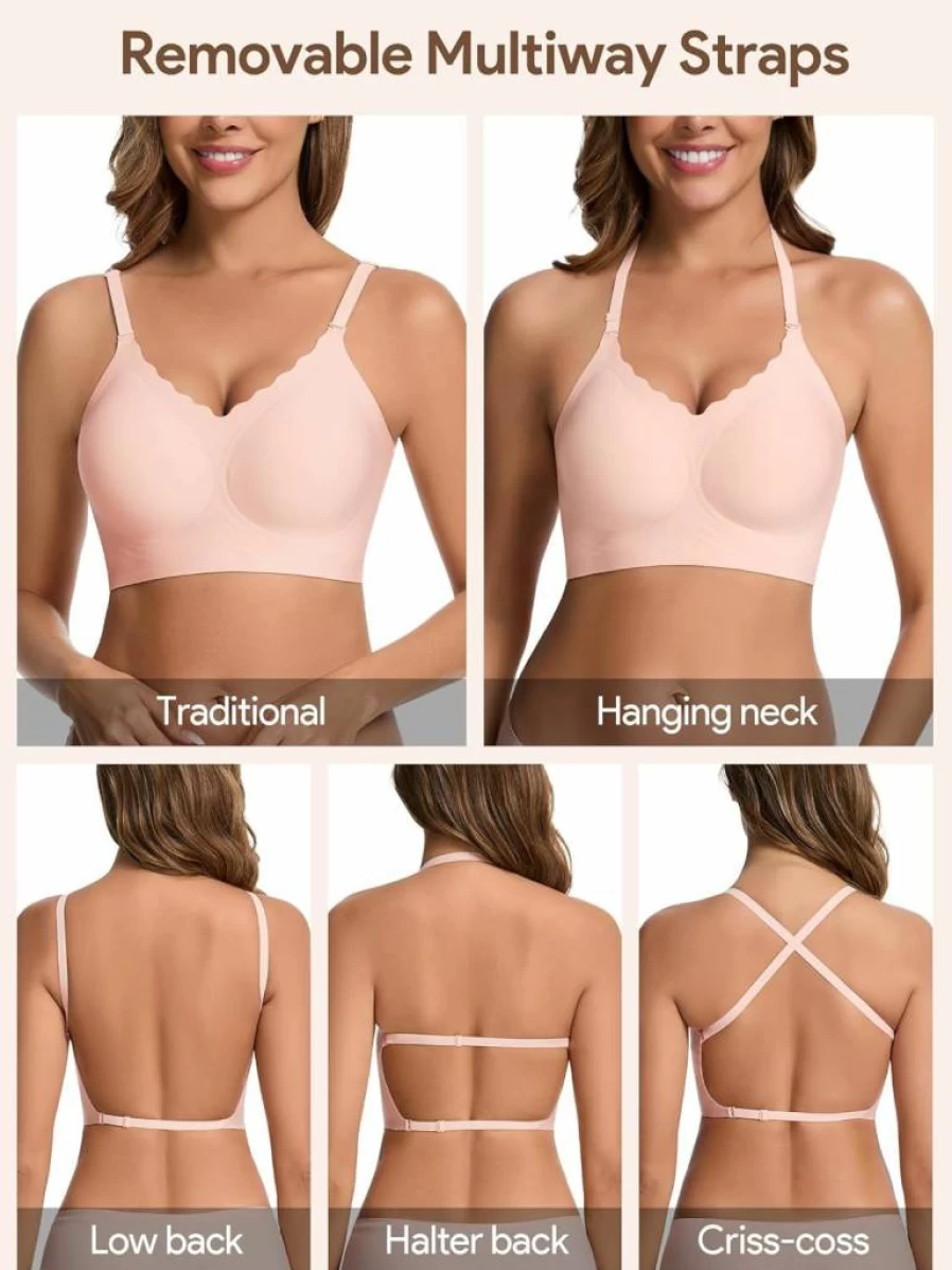 HBselect Women's Low Back Wireless Bra - Seamless Deep V Bralette with Convertible Straps, Backless & Halter Design for Comfort
