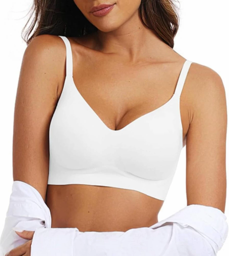 OEAK Women's Wireless Push Up Bra - Seamless Comfort Bralette with Adjustable Straps, V Neck Design, Lightly Padded for Everyday Wear, White, Size L