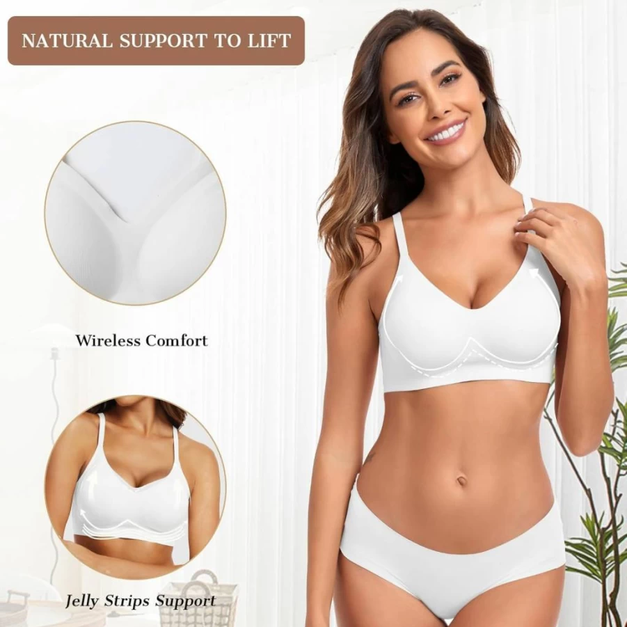 OEAK Women's Wireless Push Up Bra - Seamless Comfort Bralette with Adjustable Straps, V Neck Design, Lightly Padded for Everyday Wear, White, Size L