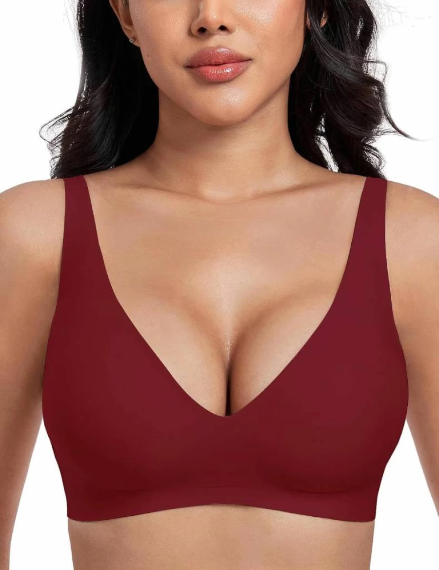Uroagous Women's Wireless Deep V Plunge Bralette - Seamless No Underwire T-Shirt Bra with Extender