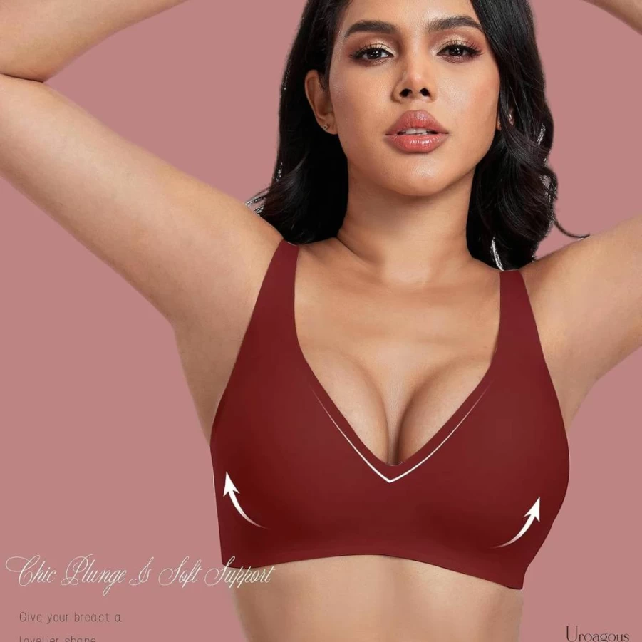 Uroagous Women's Wireless Deep V Plunge Bralette - Seamless No Underwire T-Shirt Bra with Extender