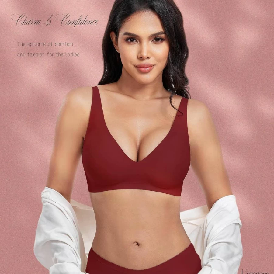 Uroagous Women's Wireless Deep V Plunge Bralette - Seamless No Underwire T-Shirt Bra with Extender
