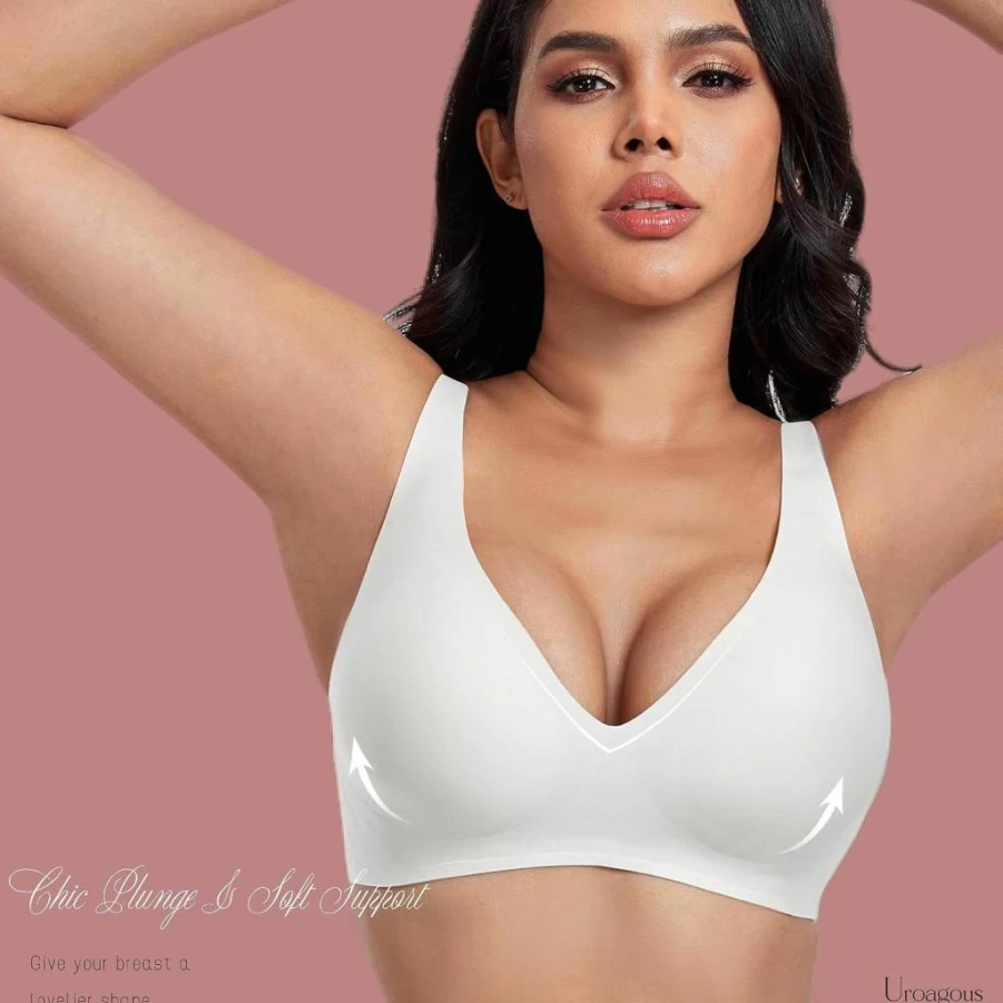 Uroagous Women's Wireless Deep V Plunge Bralette - Seamless No Underwire T-Shirt Bra with Extender
