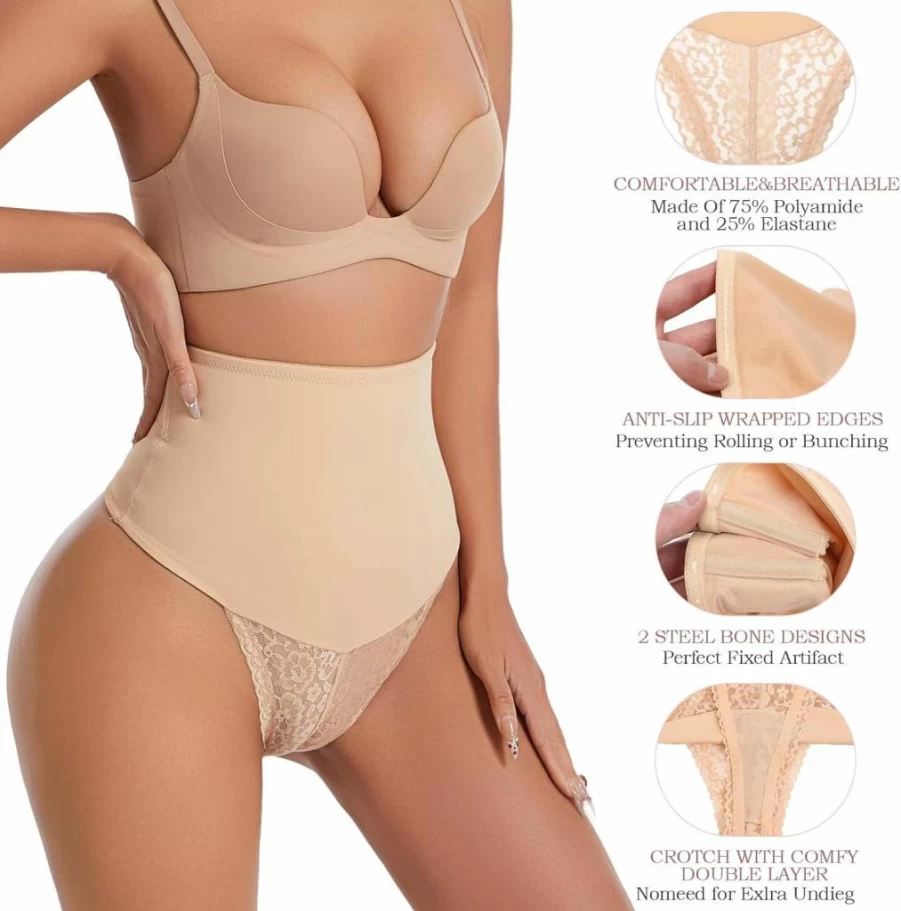 Dulchany Women's Seamless Thong Shapewear – Tummy Control Lace Girdle Panty for Body Shaping
