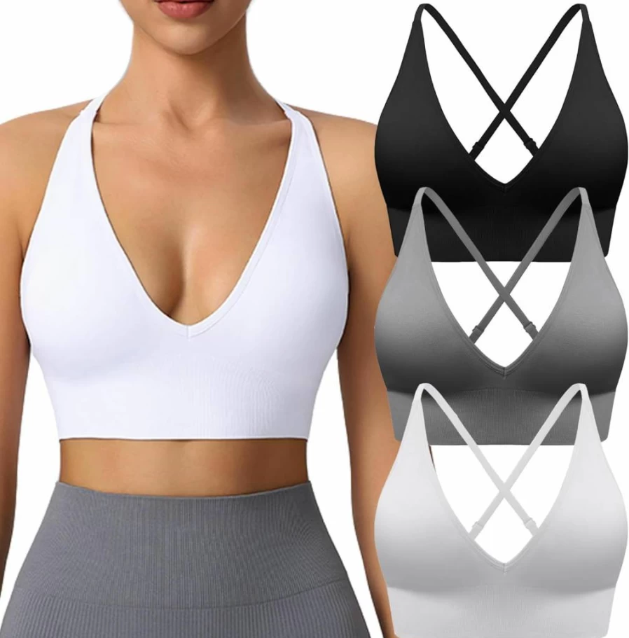 Evercute Women's Sexy Criss Cross Sports Bra - Adjustable Spaghetti Strap, Deep V Neck, Wireless Low Support Bralette for Active Wear