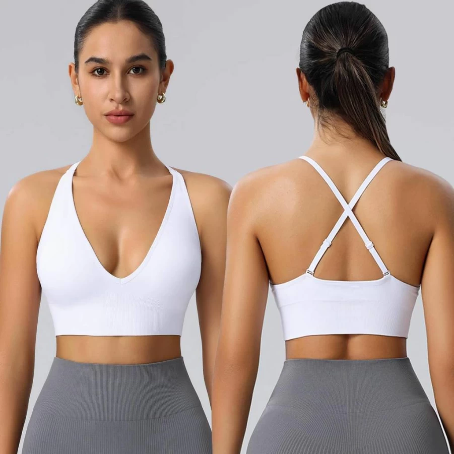 Evercute Women's Sexy Criss Cross Sports Bra - Adjustable Spaghetti Strap, Deep V Neck, Wireless Low Support Bralette for Active Wear