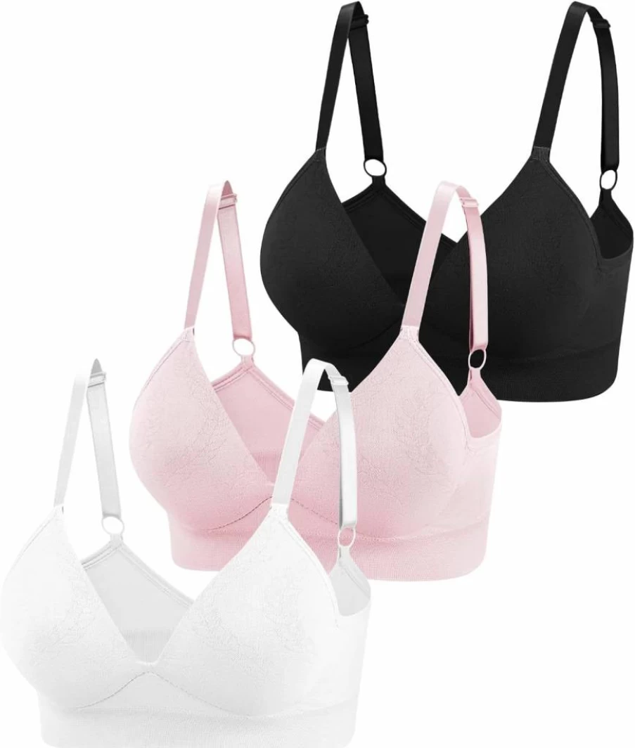 Eleplus 3 Pack Women's Seamless Wireless Bralettes - Comfortable Lightly Lined Deep V Neck Bras in Multicolors