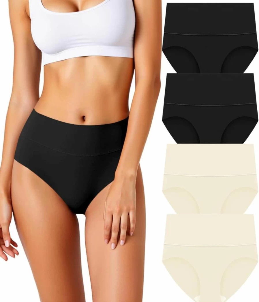 HOHOCHIN Women's High Waisted Seamless Panties 4-Pack - Tummy Control No Show Underwear Full Coverage Stretch Briefs