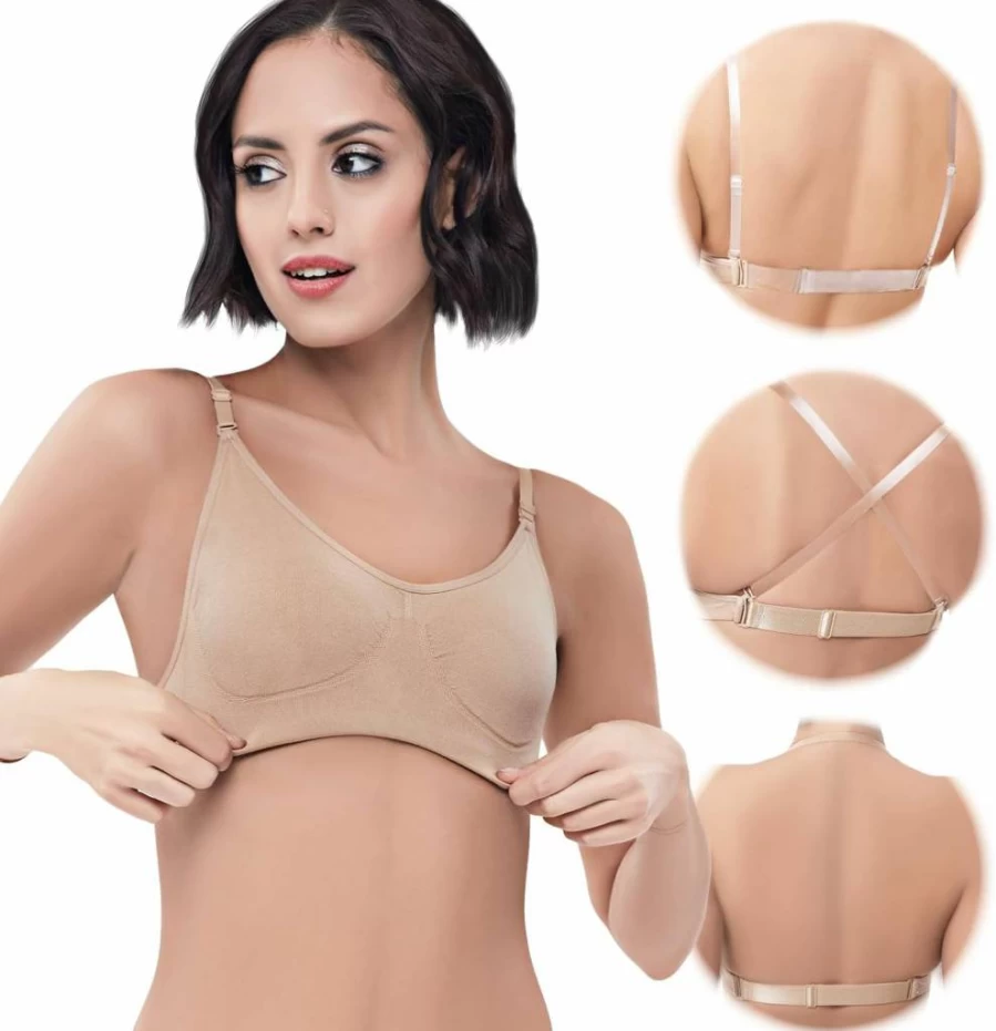 iMuchic Women's Nude Seamless Invisible Backless Bra - Adjustable Clear Strap Dance Bra for Ballet & Comfort