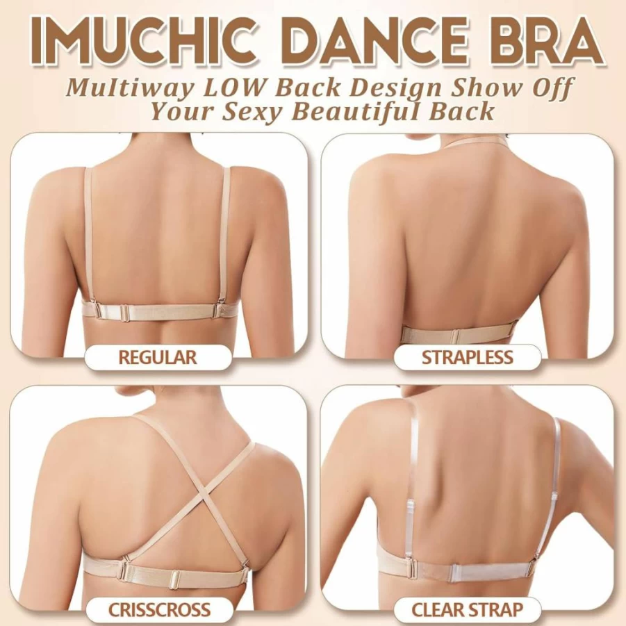 iMuchic Women's Nude Seamless Invisible Backless Bra - Adjustable Clear Strap Dance Bra for Ballet & Comfort