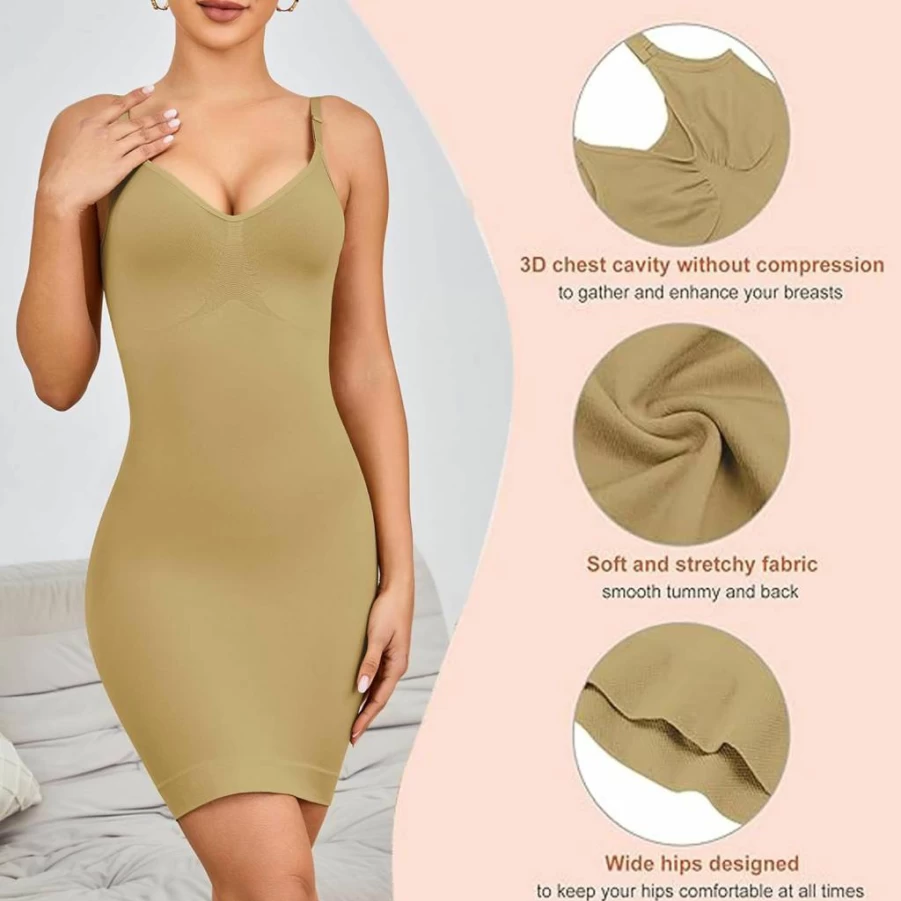 SLLIE Women's Seamless Tummy Control Cami Slip - Full Body Shaper with Spaghetti Straps for Under Dresses