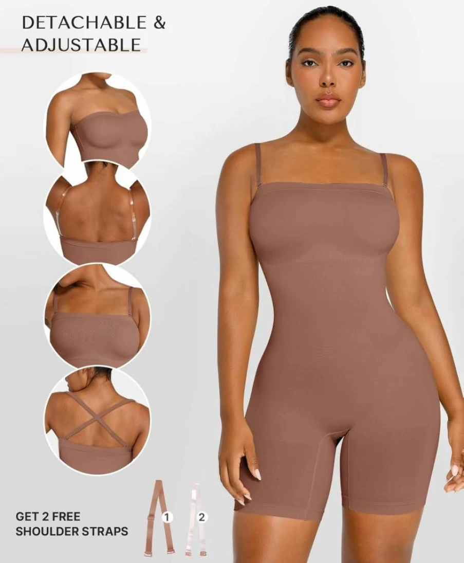 SHAPELLX Women's Tummy Control Bodysuit - Strapless Butt Lifting Shapewear Seamless Mid Thigh Body Shaper Jumpsuit