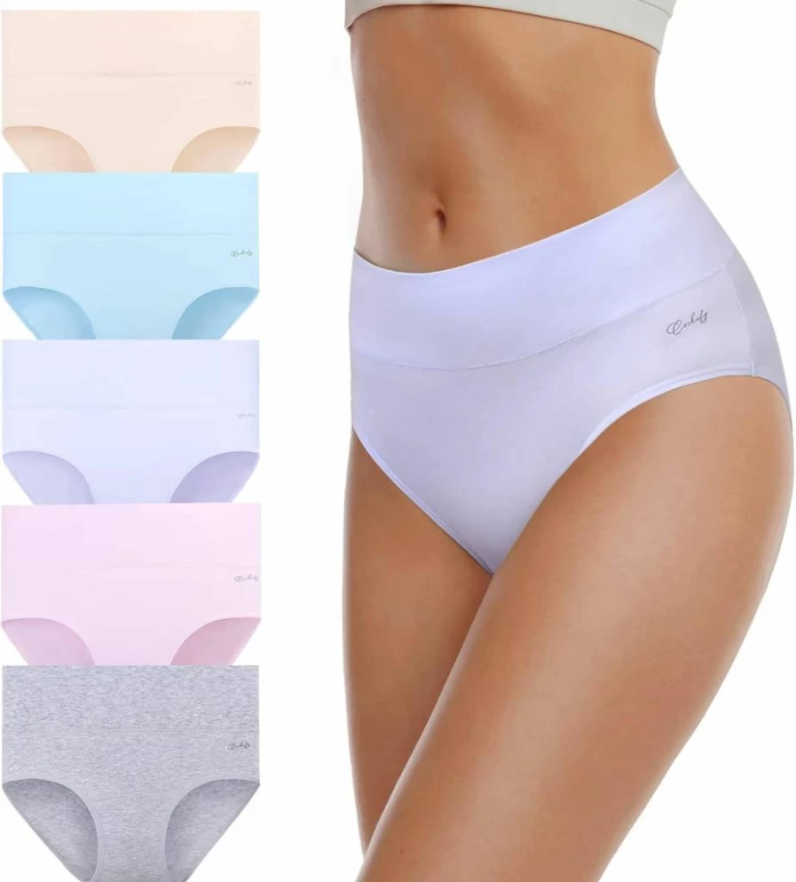 Coskefy Women's 5-Pack High Waisted Cotton Underwear - Soft, Breathable, Stretch Briefs for Ladies