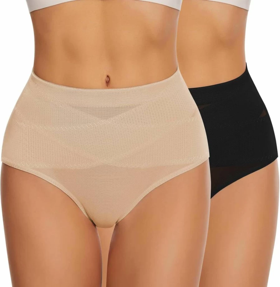 WOWENY Women's Seamless Tummy Control Shapewear Panties - 2 Pack Comfortable Body Shaper Sexy Briefs Underwear