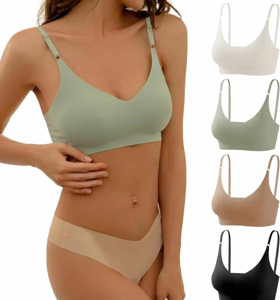 DEANGELMON Seamless V-Neck Bralette with Adjustable Straps - Comfortable Everyday & Sleep Bra - Multi-Pack