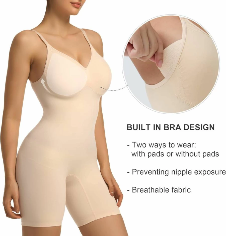 SHAPERX Women's Tummy Control Shapewear Bodysuit - Mid Thigh Slimming Body Shaper with Removable Pads & Free Bra