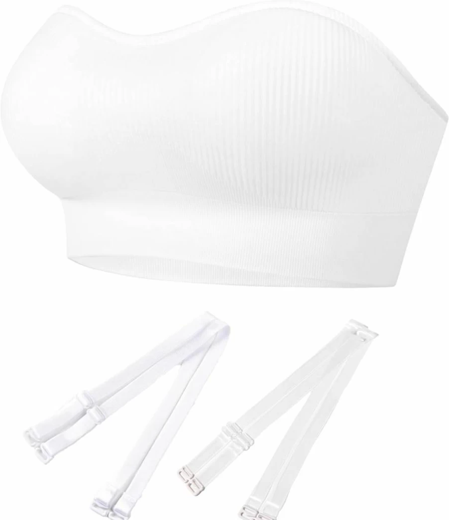 PRETTYWELL Women's Wireless Strapless Bra - Seamless Ribbed Bandeau, Non-Slip Comfort, Padded Tube Top