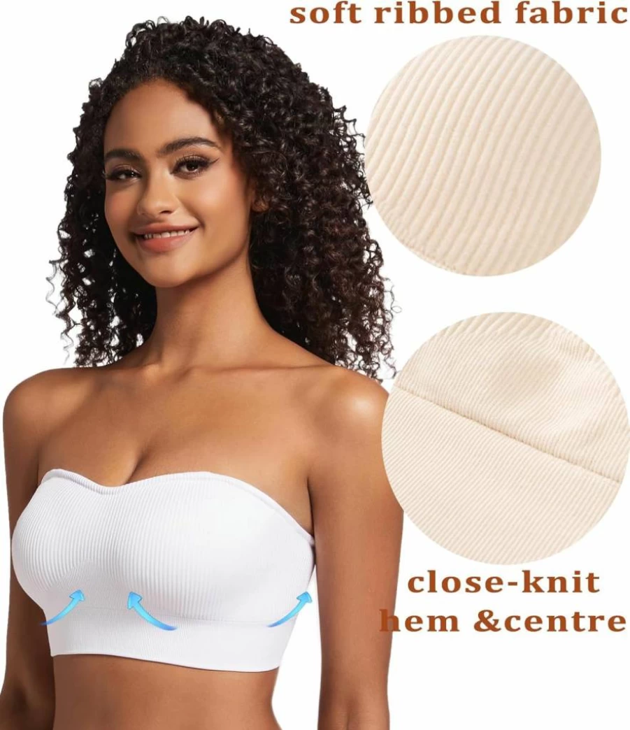 PRETTYWELL Women's Wireless Strapless Bra - Seamless Ribbed Bandeau, Non-Slip Comfort, Padded Tube Top