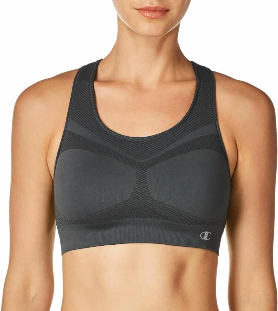 Champion Women's Infinity Racerback Sports Bra - Medium Support, Seamless Design, Moisture Wicking, Asphalt Color, Size Medium