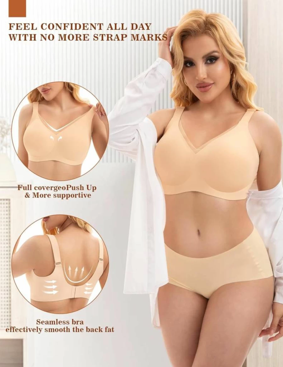 PoseFree Women's Wireless Push Up Bra - Seamless Comfort Bralette with V Mesh Design for Everyday Wear, Supportive Tshirt Bra No Underwire